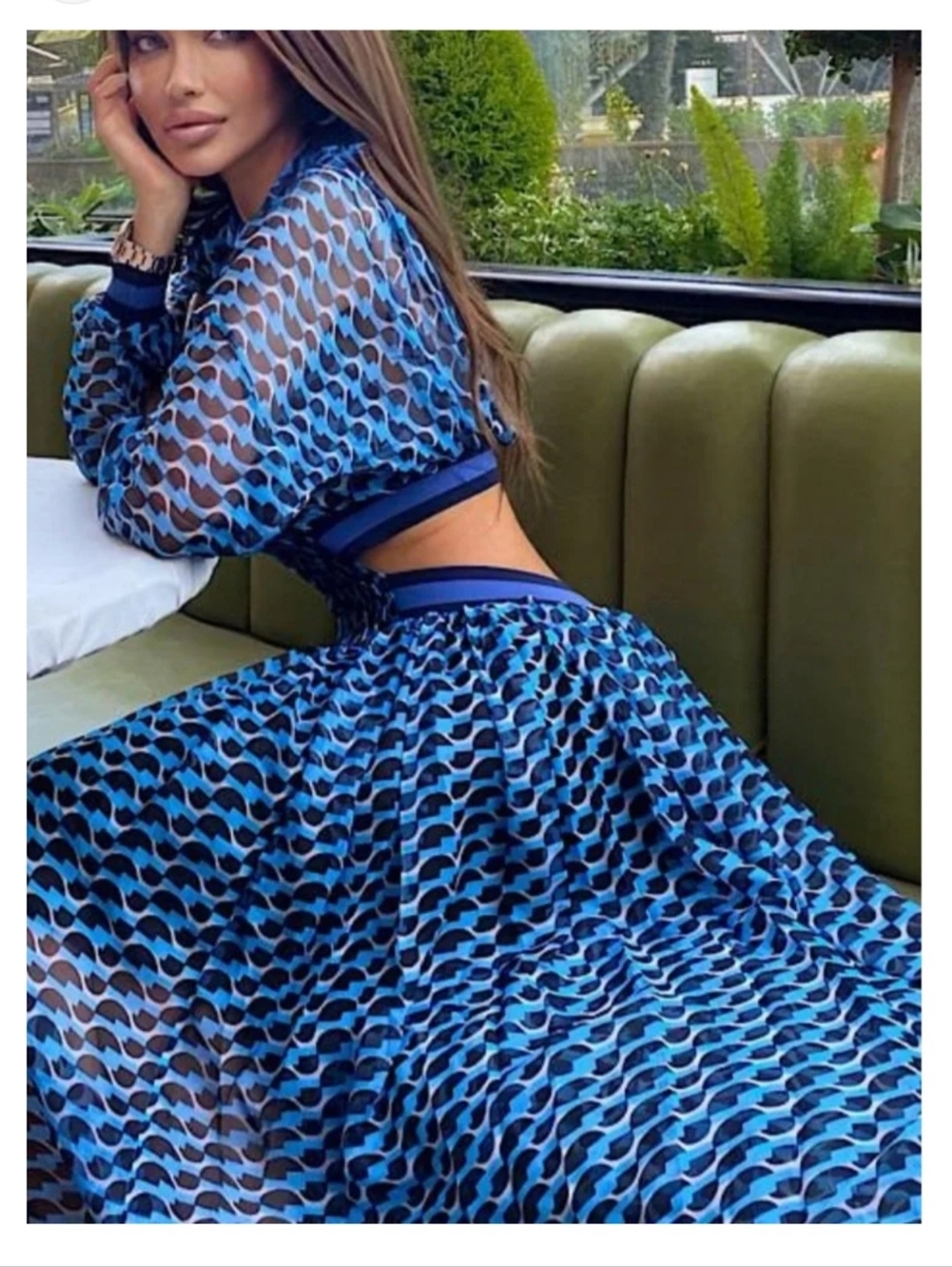 Blue Patterned Long Sleeve Midi Dress - Small